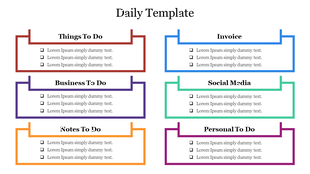 Colorful daily planner template with rectangular sections for tasks in red, purple, orange, blue, green, and pink.