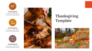 Thanksgiving template with a fall background of pumpkins and roasted turkey paired with three icons and text descriptions.