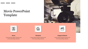 PowerPoint slide for a movie presentation featuring images of a camera, film reel, and clapperboard with icons.