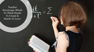 Teacher at chalkboard with equation and notebook in hand, accompanied by a circular quote about the impact of teachers.