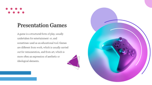 Slide with a game controller image surrounded by vibrant circular shapes in purple and teal, and text on the left.