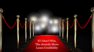 Red carpet and velvet ropes with bright spotlight background, featuring a humorous quote about awards shows.
