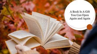 Person flipping through pages of a book in front of red-orange leaves, with a reading quote in a white circle overlay.