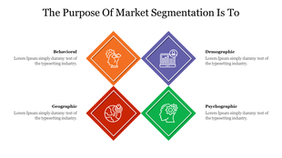 Four diamond shaped sections represent market segmentation with color coded icons and placeholder text.