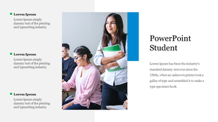 Slide featuring students image in the center, text on both sides, and a blue highlight bar on the right.