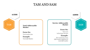Business chart displaying TAM and SAM with two labeled sections and hexagon icons in orange and teal.