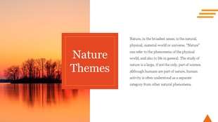 Nature themed slide with an orange sunset over a lake and tree silhouettes on the left, and a text box titled on the right.