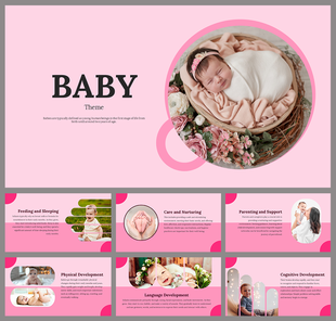 Baby-themed slides with a pink background, featuring a  baby wrapped in a blanket, surrounded by flowers, and various topics.