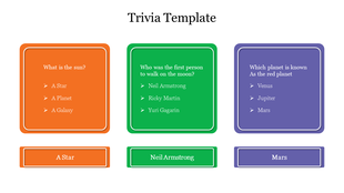 Three-question trivia slide with orange, green, and purple boxes, answers revealed below each in corresponding colors.