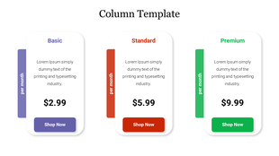 Pricing table with three columns Basic, Standard, and Premium plans, each displaying a monthly price and a Shop Now button.