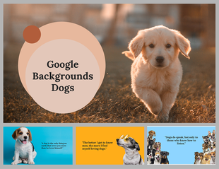 Different breeds of dogs background in soft light, beside a beige circular design with brown accents on the left.