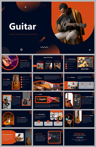 Informative slides on guitar, detailing chords, riffs, and improvisation techniques for aspiring musicians on dark themes.