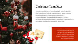Christmas slide with stockings hanging on a tree and festive ornaments, paired with a Santa illustration and a red text box.