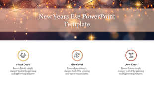 New Year’s Eve slide with glowing lights at the top and three icons below labeled Count Down, Fire Works with caption areas.