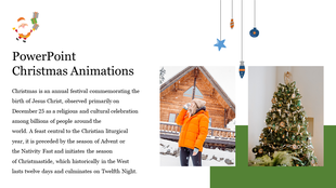 Christmas themed slide with title and text  and two images showing a woman in winterwear and a decorated Christmas tree.