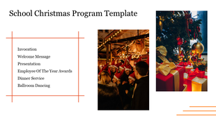 School Christmas program slide with agenda list, photo of people in Santa hats, and decorated tree with presents.