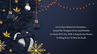Christmas tree with gold and white ornaments, snowflakes, and festive lights alongside a holiday quote.