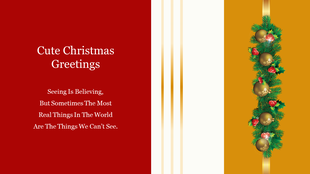 A festive Christmas greeting slide with a quote and a golden Christmas decoration on a red and yellow background.