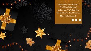 Christmas black background with golden gift boxes, stars, gingerbread cookies, lights, and a brown text box on the right.