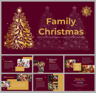 Festive Christmas PPT slides featuring a golden tree design and sections on traditions, recipes, and family celebrations.