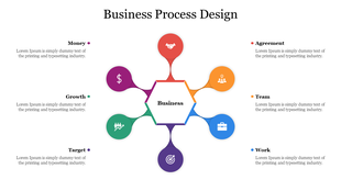 Hexagon at the center with six multicolored circles branching out, each representing a business concept.