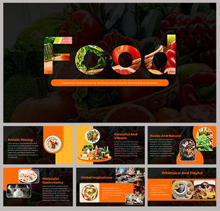 Food presentation slide deck showcasing visually appealing dishes with themes like artistic plating and global inspirations.