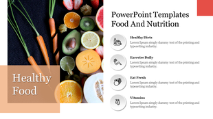 Healthy food-themed slide featuring vibrant produce and four nutrition tips, each paired with an icon, on a clean layout.