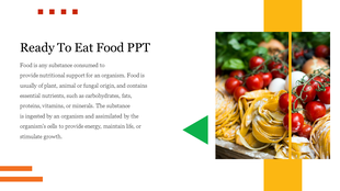 A split layout with text and a photo of pasta and tomatoes with a green divider and yellow, orange accent lines.