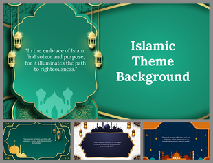 Islamic themed background slides with quotes, ornate lanterns, and mosque silhouettes in different colors and palettes.