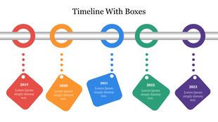 Timeline with five colorful rings on a metallic bar, connected to diamond shaped boxes representing years from 2019 to 2023.