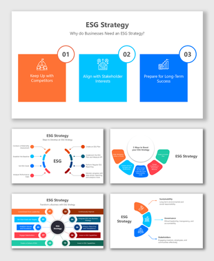 ESG Strategy presentation with steps, goals, sustainability, governance, and stakeholder engagement icons.