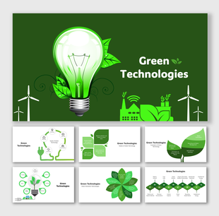Green Technologies: Eco-friendly tech, wind turbines, solar panels, and sustainability icons in green.