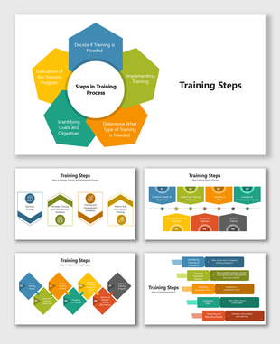 Training Steps diagram showing key phases like planning, delivery, and evaluation using colorful shapes and icons.