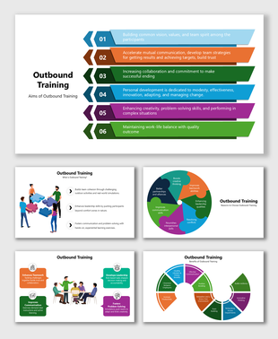 Outbound Training infographic with colorful charts showing aims, benefits, teamwork, leadership, and communication.