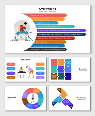 Overtraining infographic with tips, symptoms, causes, and solutions shown using colorful shapes and illustrations.