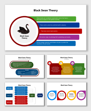 Black Swan Theory infographic showing unpredictable rare events, economic impact, and failure to foresee.