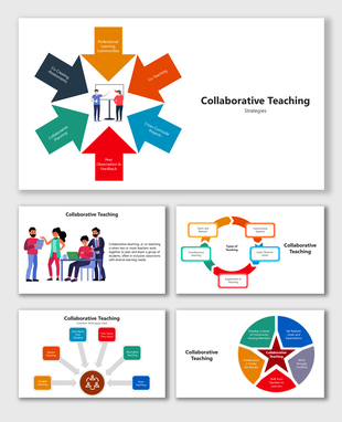 Collaborative Teaching visuals with charts, icons, and strategies for co-teaching, planning, and feedback.