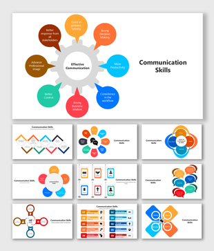 Communication Skills slides with colorful diagrams showing types, benefits, and key soft skills for success.