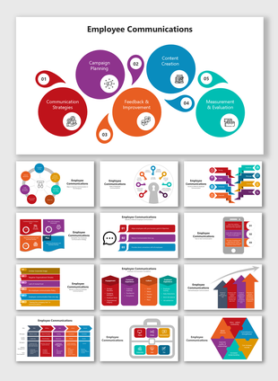 Employee Communications visuals with icons, colorful shapes, and strategies for planning, feedback, and goals.