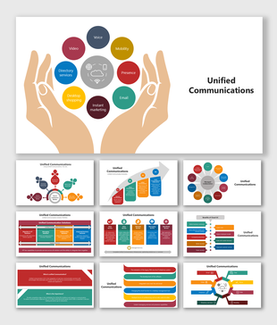Unified Communications image with hands holding circular icons for chat, email, video, voice, and mobility tools.
