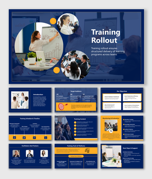 Training Rollout slides with blue-gold theme, circular photos, icons, and sections for goals, tools, and schedule.