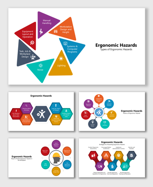 Colorful ergonomic hazards diagram showing risks, causes, and prevention tips using icons, shapes, and labels.