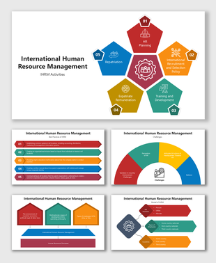 International Human Resource Management infographic with colorful shapes showing global HR activities and challenges.
