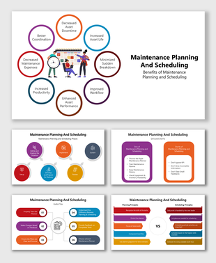 Maintenance Planning And Scheduling slide with icons showing benefits, phases, tips, and principles in vibrant shapes.