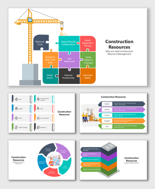 Construction Resources infographic with crane, puzzle blocks, icons, and colorful charts showing types and benefits.