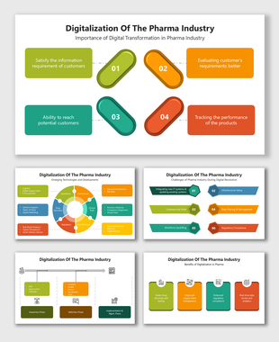 Digitalization Of The Pharma Industry slide with capsule shapes, colorful charts, tech tools, phases, and pharma benefits.