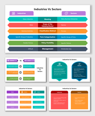 Industries Vs Sectors slides with colorful rows, icons, and charts comparing scope, method, and policies.