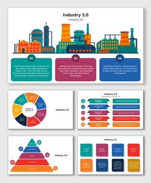 Industry 3.0 slides show automation, electronics, robotics, and hierarchy using icons, arrows, and diagrams.