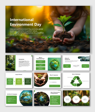 International Environment Day slide deck with green tones, plant visuals, and icons promoting sustainability awareness.