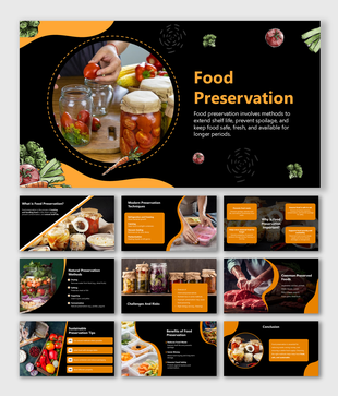 Food Preservation slides with bold orange-black theme showing tips, methods, benefits, and preserved foods.